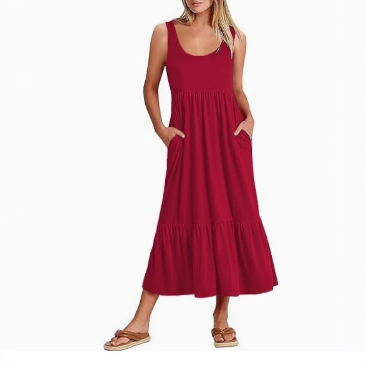 2026 European and American Cross-Border Summer Sleeveless Vest Dress with a Flowing Hem, Casual and Elegant Layered Beach Pocket Long Dress for Women