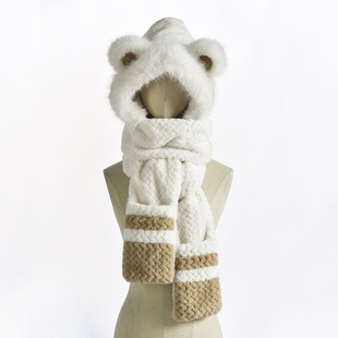 Winter Bear Ears One-piece Three-piece Set fleece-lined Warm Ear Protection Cap Women's Cute Neck Gloves Hooded