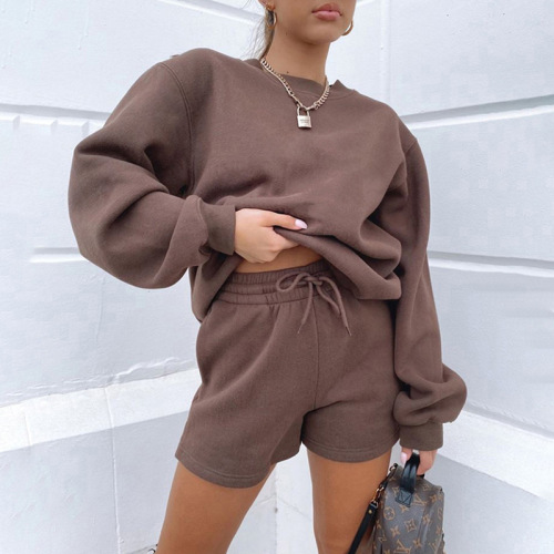 2024 Amazon cross-border summer new long-sleeved shorts sweatshirt set solid color fashion casual short 2-piece set