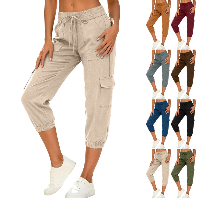 Women's Casual Lace-Up Elastic Waist Faux Cotton-Linen Cropped Pants Workwear Style Loose Hiking Pants