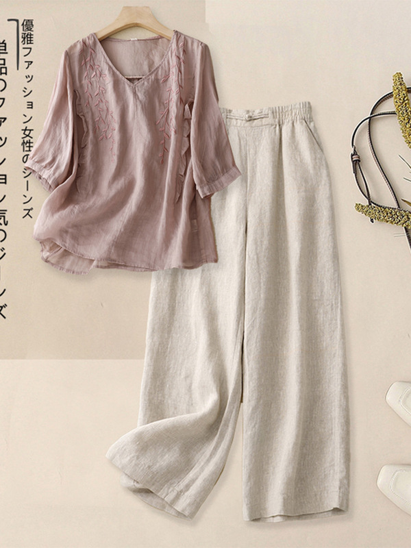 2025 新しい夏のリネンスーツの女性のハイエンド七分袖 V ネック刺繍シャツ綿とリネンのワイドレッグパンツ 2 点セット|undefined