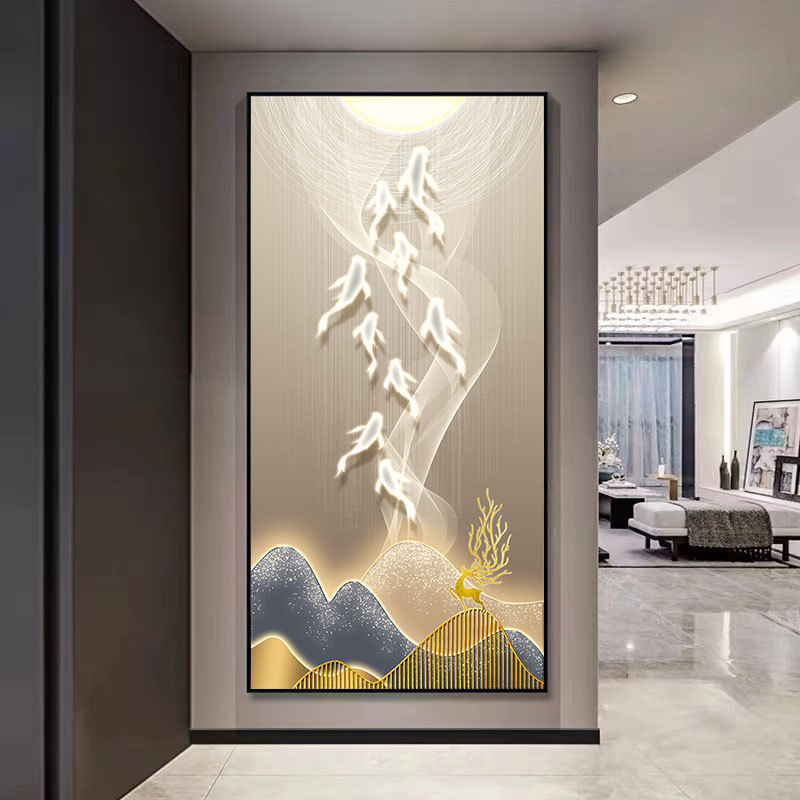 Pintura decorativa de vestíbulo de lujo ligero de alto nivel de alce hojas doradas pasillo colgar pintura de la sala de patrón colgar pintura suave