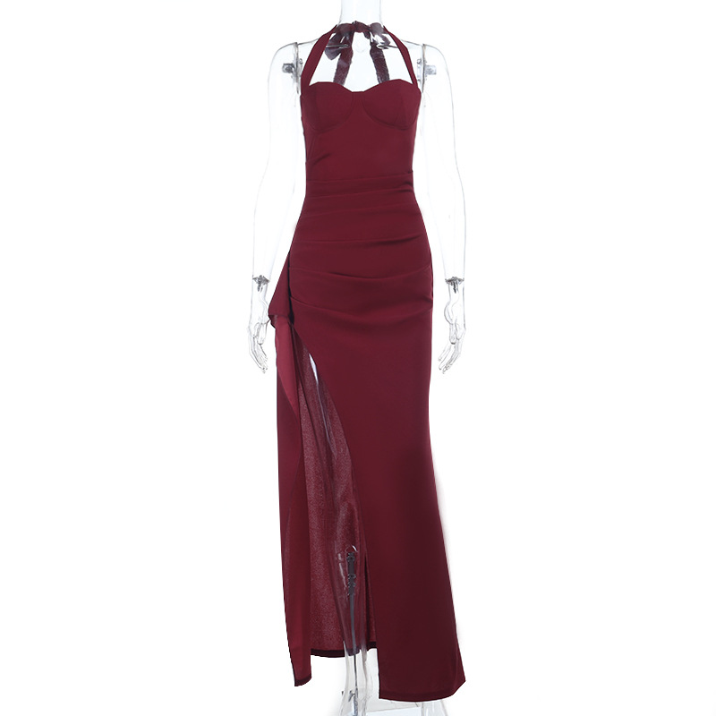 Halter Neck Long Dress Elegant Tie Up Bust Ruffle Slit Design Fashionable Dress_ecoleips.com