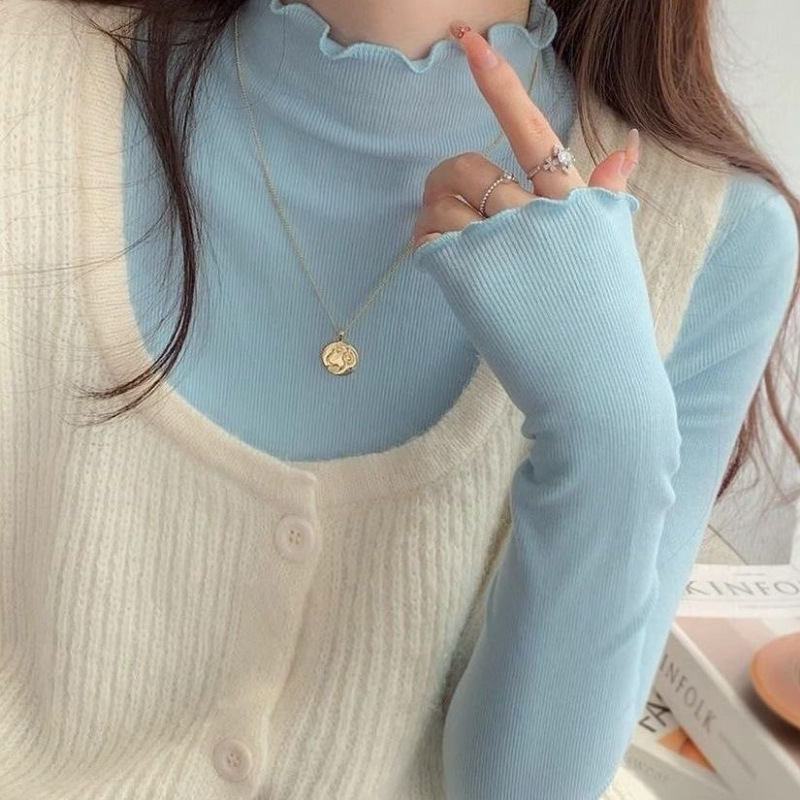 Blue Ruffled Base Shirt for Women, Autumn and Winter New Style, Exquisite and Stylish Inner Layer with De Velvet Long-Sleeve Thermal Top T-Shirt for Women Blue Ruffled Base Shirt for Women, Autumn and Winter New Style, Exquisite and Stylish Inner Layer with De Velvet Long-Sleeve Thermal Top T-Shirt for Women