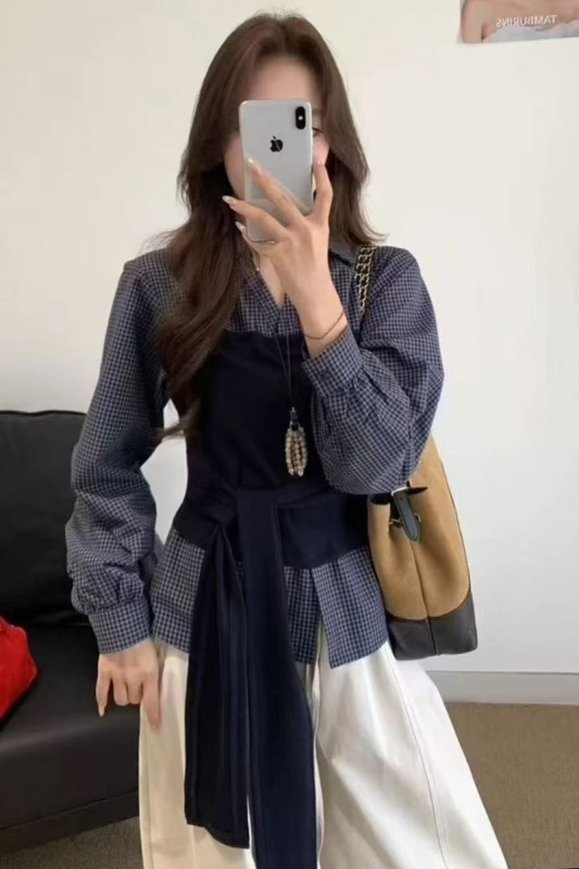 韩版设计感收腰格子衬衫女2025秋季新款宽松显瘦小个子拼接上衣潮|undefined