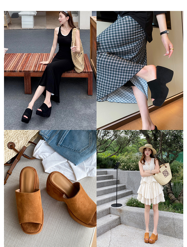 Dép sandal nữ đế xuồng da lộn gót siêu cao 11cm quai ngang hở mũi — Màu nâu, Màu đen chi tiết 1