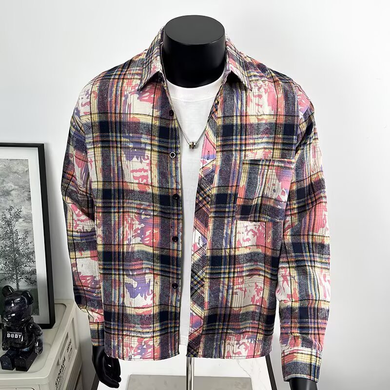 Camicia a quadri retrò tie-dye, camicia a maniche lunghe da uomo, marchio alla moda, giacca in stile coppia di nicchia_voghion.com