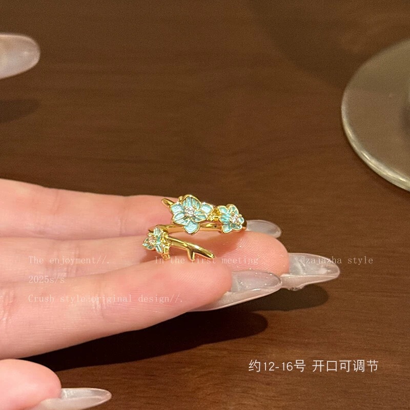 温柔绽放~鸢尾蝴蝶锆石开口戒指女款中古小众设计食指戒时尚指环|undefined