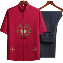 中式短袖汉服套装棉麻男士唐装中国风中夏季老年太极服禅服男装
