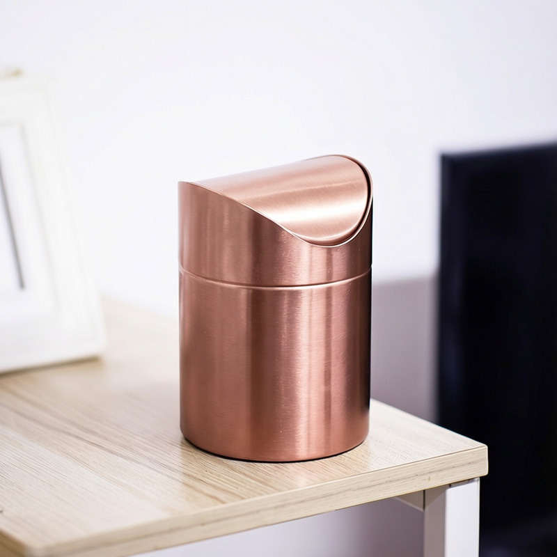 304 Stainless Steel Trash Bin Countertop Toilet Bronze Light Luxury Mini Desktop Car Office Trash with Lid