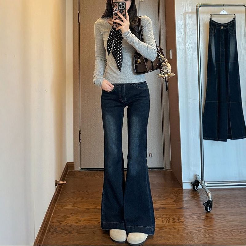 Vintage Blue-Gray Flared Jeans for Women, New Autumn and Winter Style, Plus-Size, Slim-Fit, Stretchy Bell-Bottom Pants