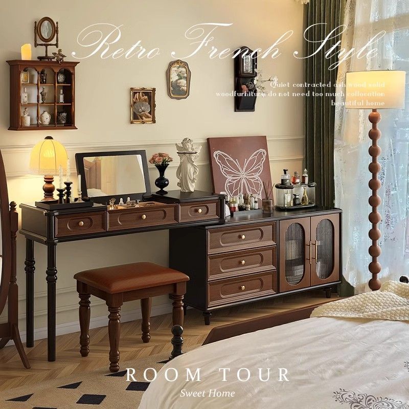 American Solid Wood Dresser and Cupboard Integrated Mid-Century Style Bedroom Bedside Cabinet Corner French Retro Makeup Table Desk