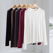 气质简约天丝+羊毛混纺针织长袖t恤女基础款弹力宽松百搭圆领上衣