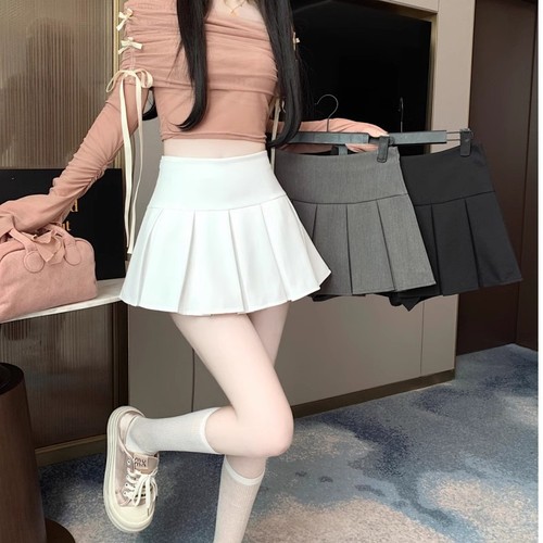Gray pleated short skirt for women in spring and summer 2025 small person with high waist slim a-line suit covering hips and hips skirt
