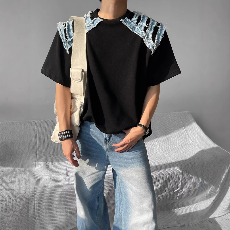 Summer Niche Shoulder Denim Design Men's Loose Short-Sleeved T-Shirt Trendy American Style Handsome High-End T-Shirt