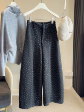 复古文艺碎花加绒加厚毛呢阔腿裤女秋冬高腰显瘦减龄百搭弯刀裤女