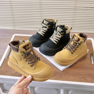2024 autumn and winter new children's martin boots for boys and girls fleece-lined anti-kick big head boots small yellow boots large children's single boots