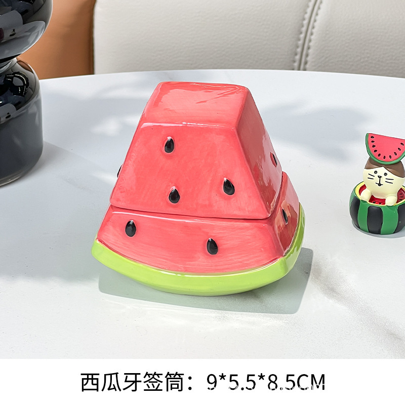 创意西瓜牙签盒牙线牙签筒牙签罐客厅家居陶瓷棉签收纳罐装饰摆件|undefined