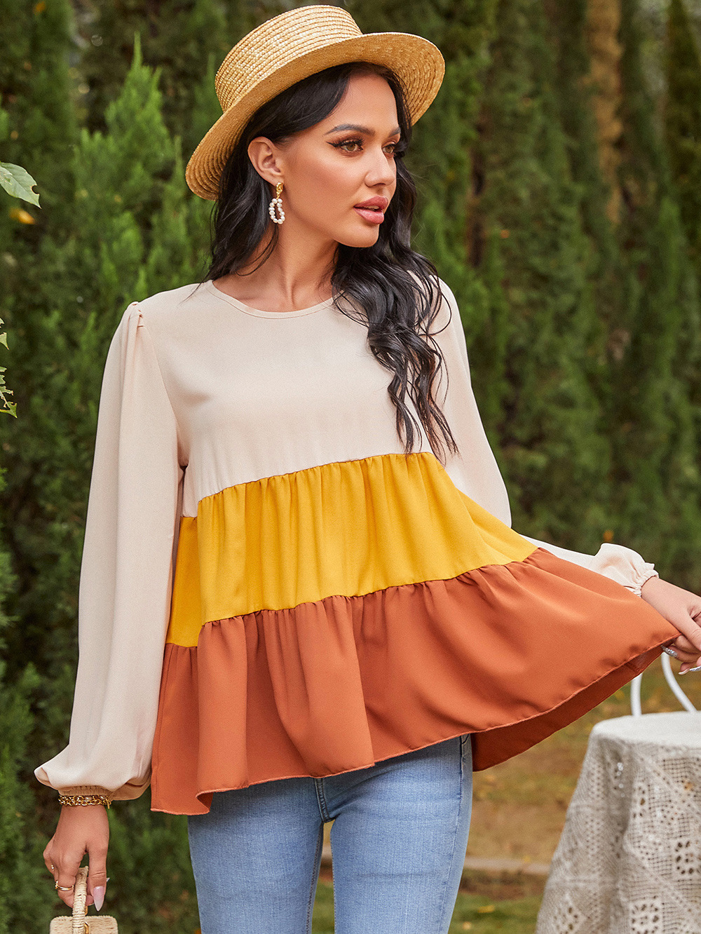 spring new three-color stitching round neck puff sleeve pleated casual T-shirt NSDF32969