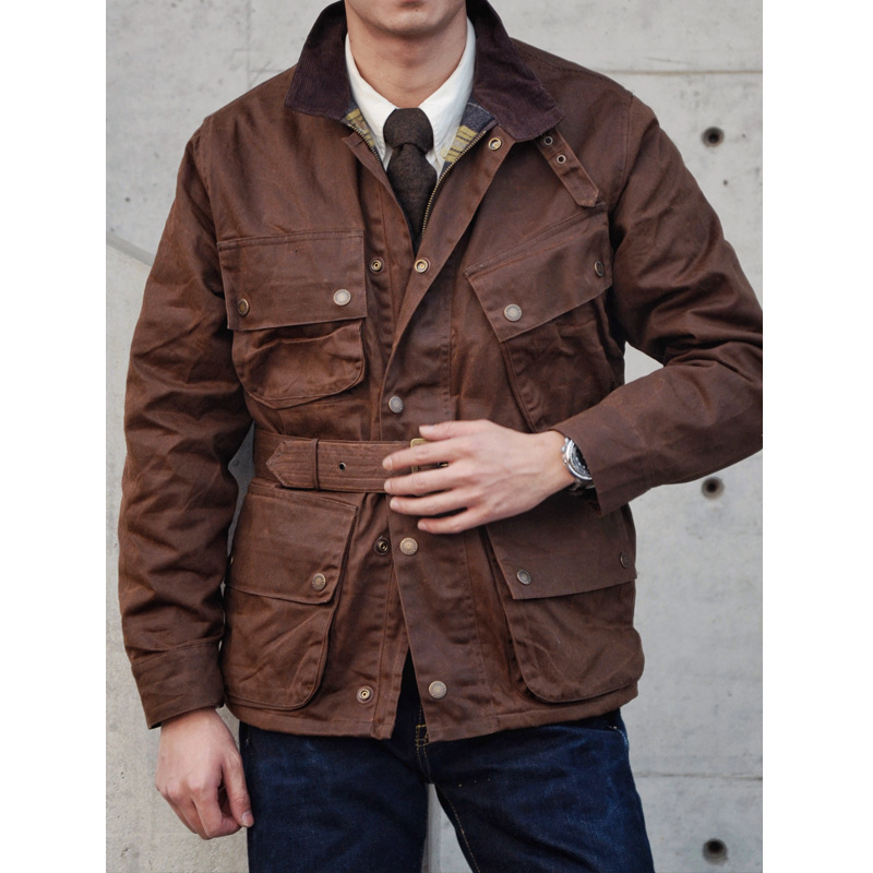 Shenwu American Retro Heavyweight Oil Wax Mid-Length Jacket Men's Hunting Motorcycle Jacket Windbreaker Ami Khaki Autumn and Winter