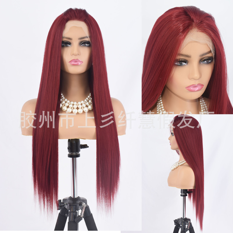 European and American Wigs with Lace Front for Women, Long Straight Hair, Burgundy Large Hand-woven Matte Chemical Fiber Headgear, Factory Wholesale