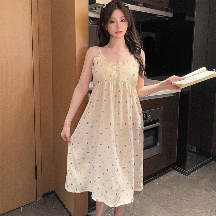 Verano con almohadilla de pecho pijama largo mediano pijama mujer nubes de algodón dulce lindo estudiante vestido de ropa casera casual