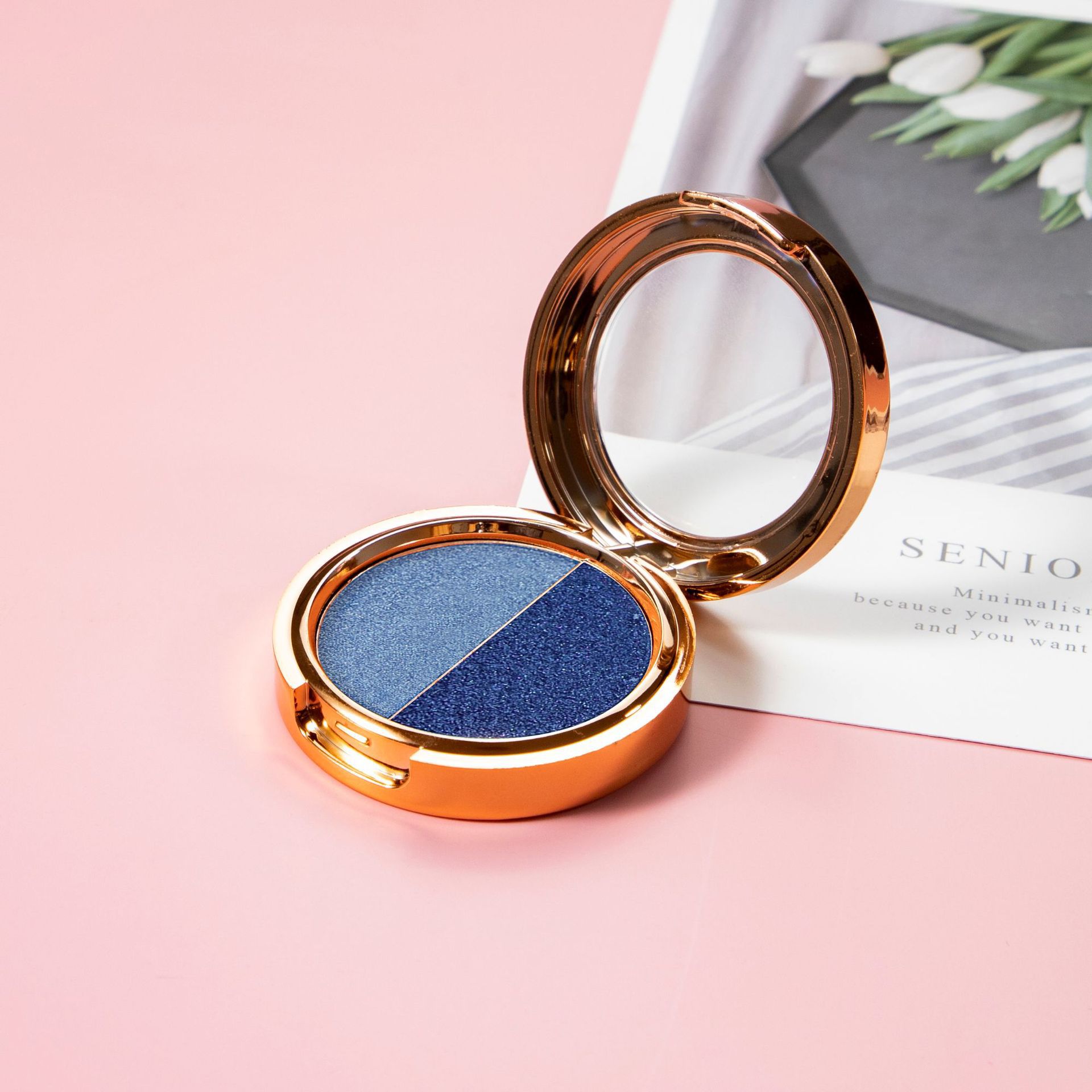 Maquillaje transfronterizo, sombra de ojos de dos colores, combinación de acabado nacarado en uno, paleta de sombras de ojos en polvo delicada y no voladora, multiusos