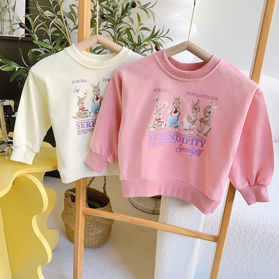 女童春裝兒童衛衣2023春季新款女寶寶卡通印花兔寶寶長袖圓領上衣