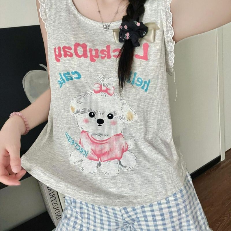Lace Puppy Blue Plaid Pajamas with Chest Pads, 2026 Summer New Style, Women's Internet Celebrity Style Korean Version Loungewear Set