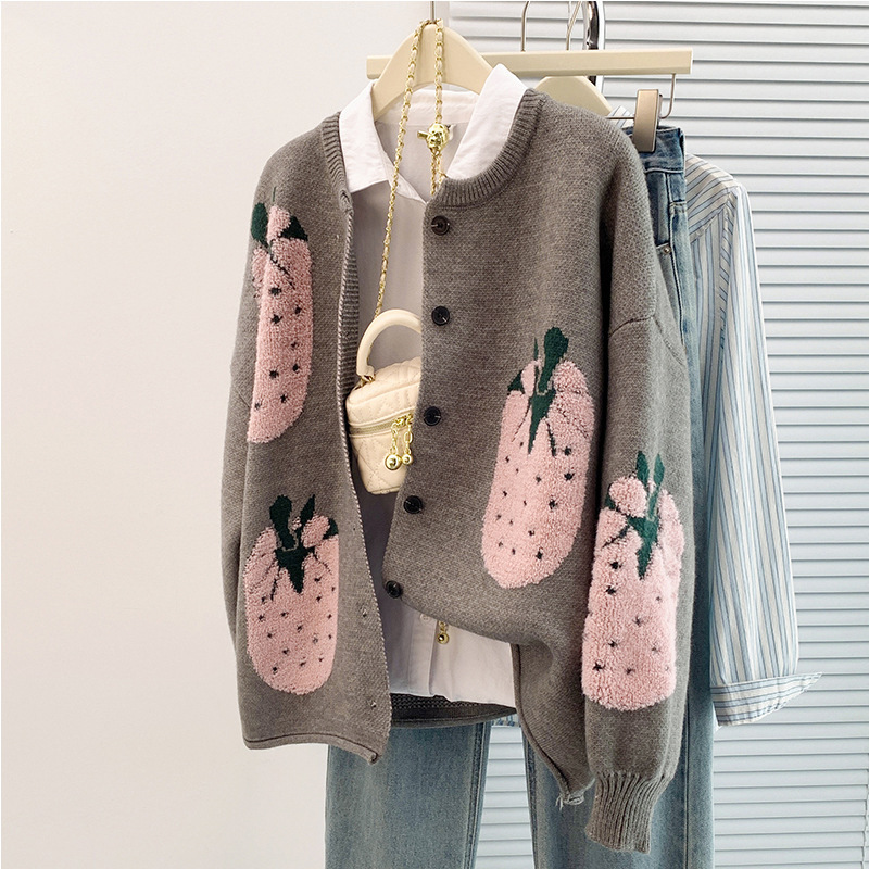 New Spring and Autumn Fashion Loose Strawberry Slimming Thick Knitted Cardigan Women's Versatile Artistic Long-Sleeve Sweater Jacket