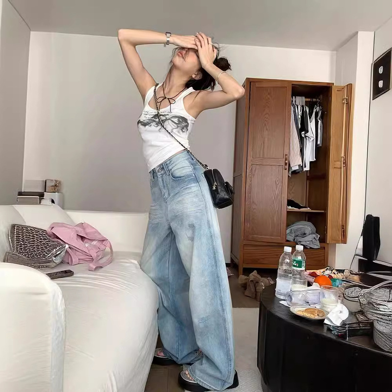 light blue Rapped Washed Denim Pants Autumn New Niche Design Sense Stretch Straight High Waist Wide Leg Pants for Women