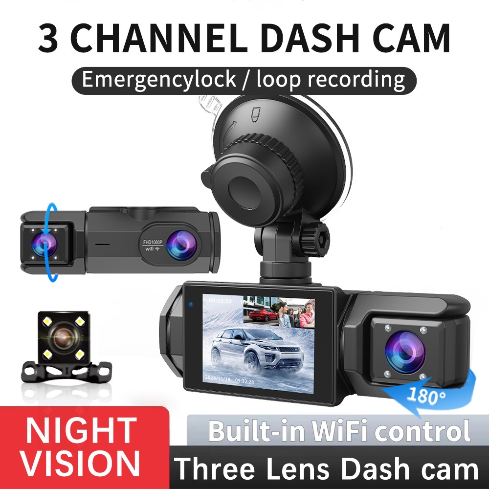 Cross-Border Hot-Selling Model: 3-Camera Simultaneous Display Dashcam with High-Definition Wifi and Mobile Phone Connectivity, Parking Monitoring Recorder