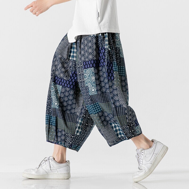 Summer Plus Size Men's Japanese Floral Pants Cotton Linen 7-Point Pants Chinese Style Loose Lightweight Beach Casual Pants Wholesale
