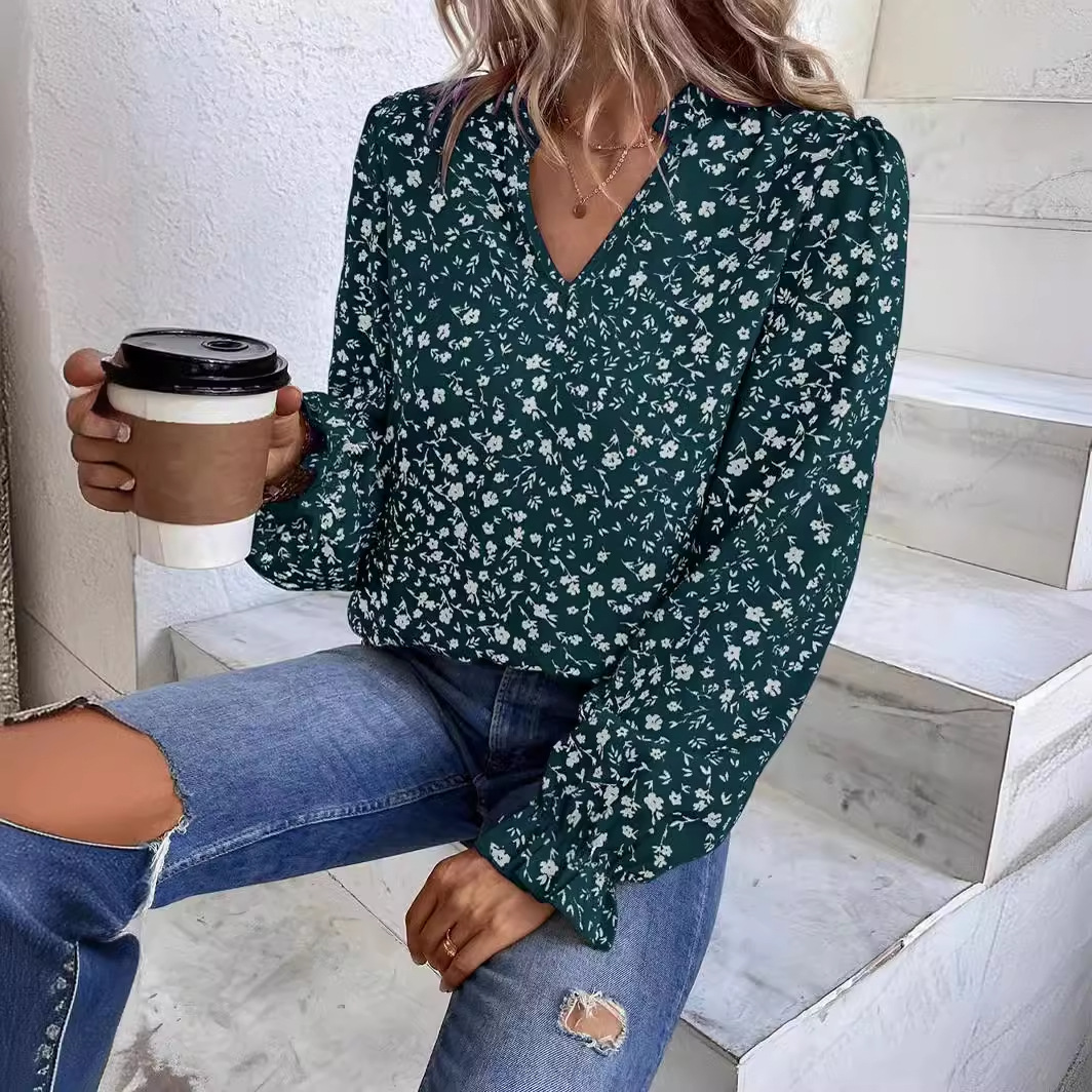 Oferta especial para exportación: Camisa estampada de manga larga con volantes y cuello en V, estilo floral, para mujer, de otoño, para Amazon y eBay.