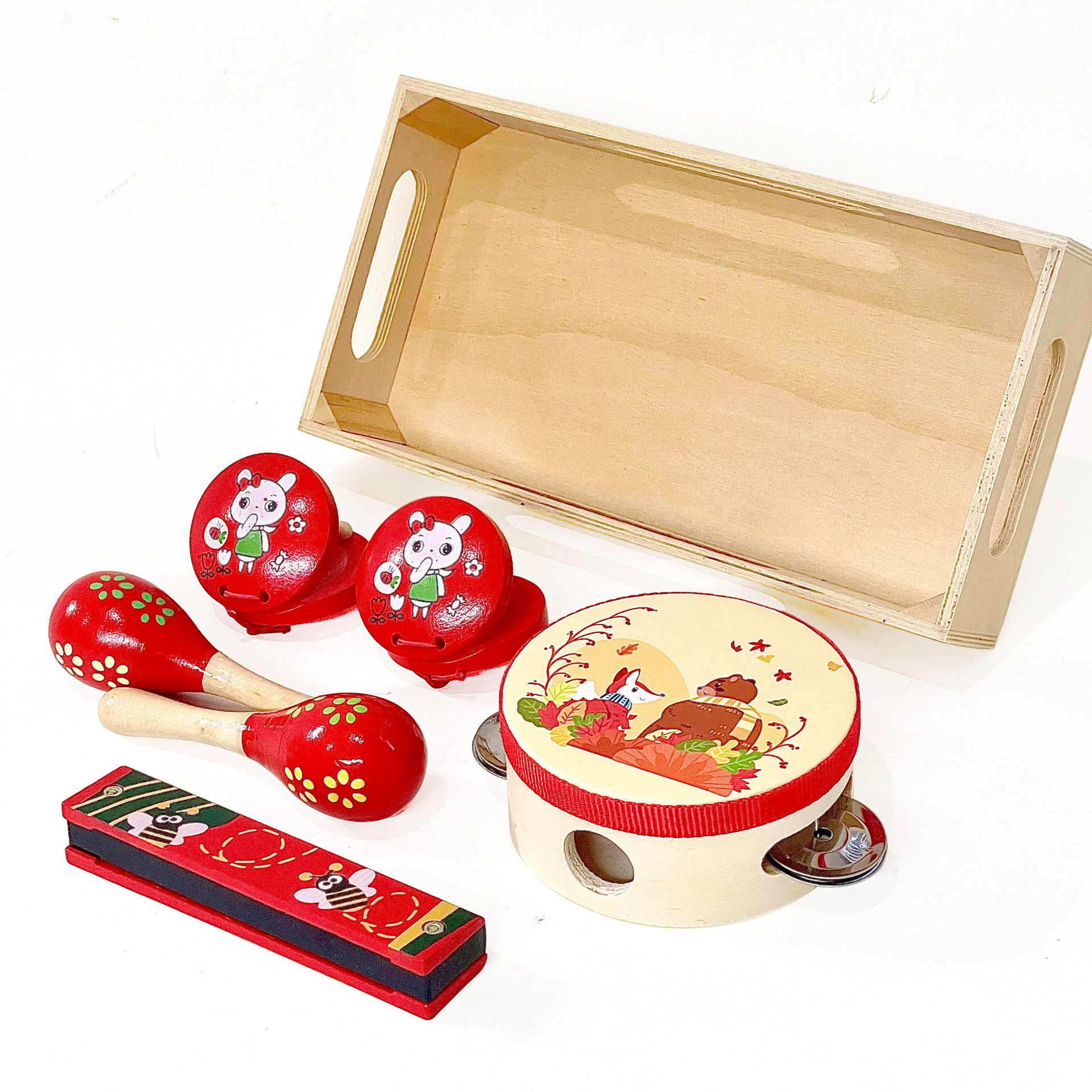 Orff niños percusión instrumento traje arena martillo armónica sonido tablero pandereta juego de cuatro piezas de enseñanza ayuda traje combinación