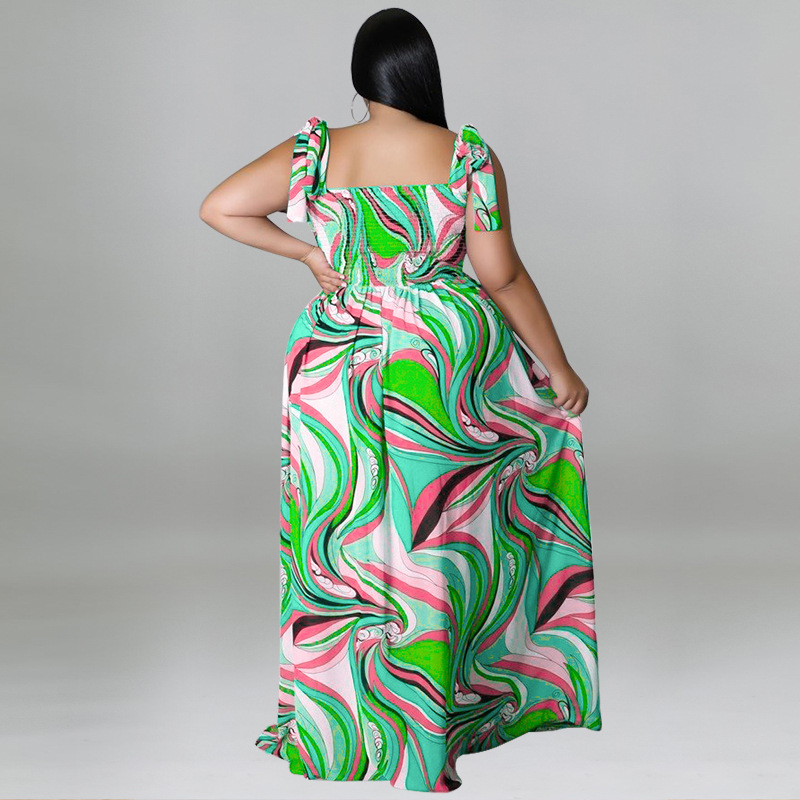 Maxi jurk met spaghettibandjes en smockwerk en strikprint_voghion.com