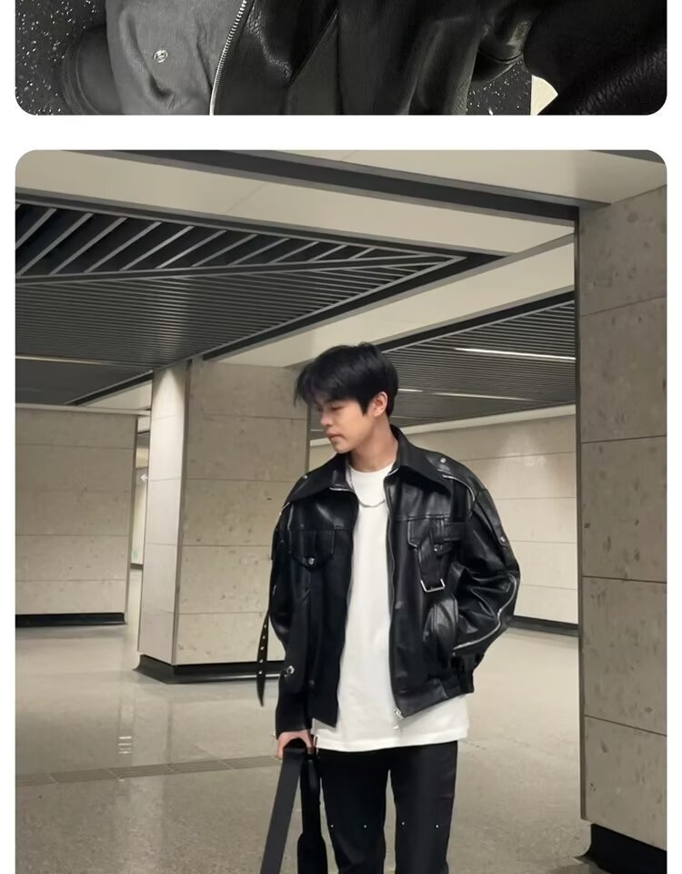 ragazzo in pelle alla moda per uomo, stile di strada europeo e americano autunnale, design di nicchia per moto J, pantaloncini di marca alla moda_voghion.com