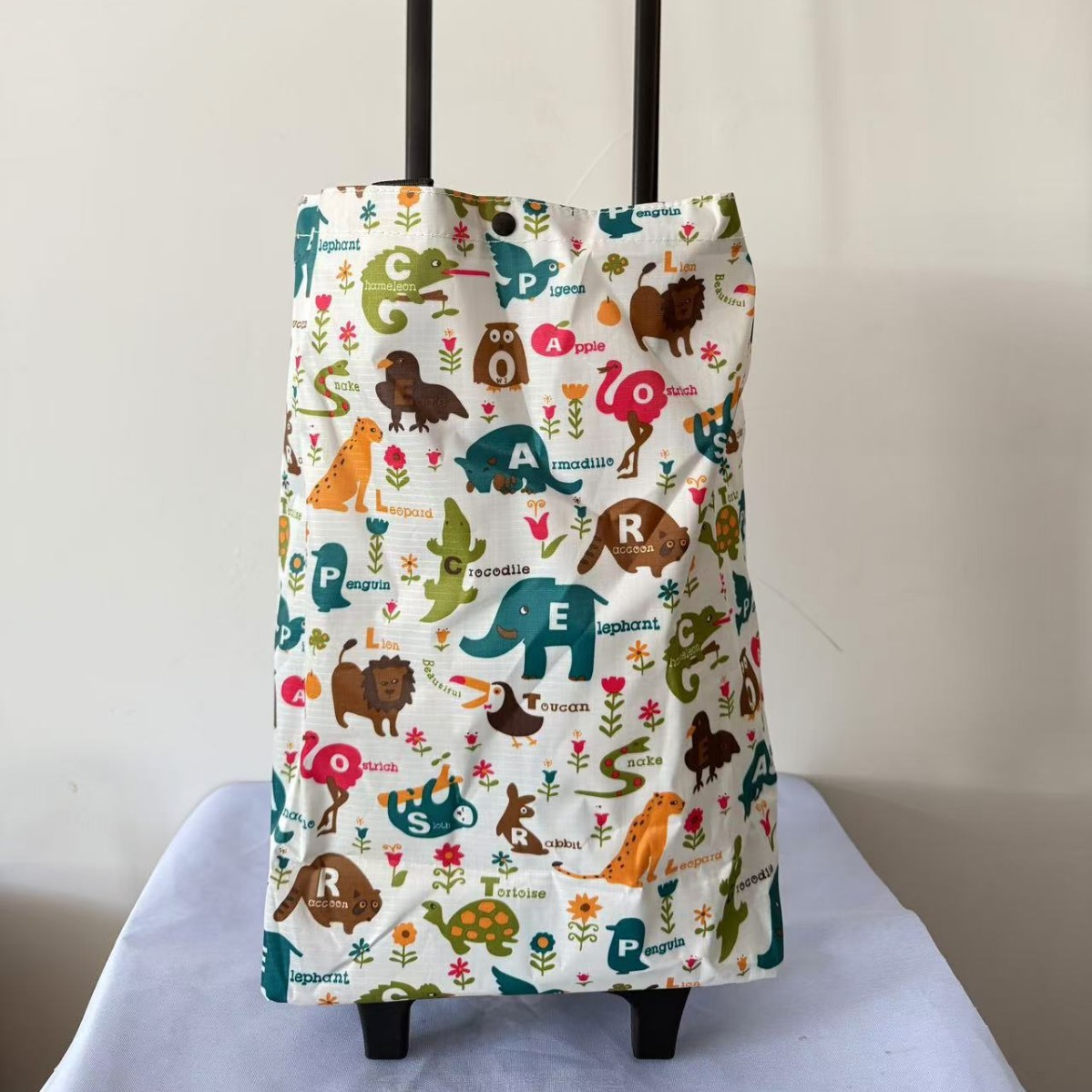 Foldable Shopping Cart with Wheels for Home Use, Retractable Trolley with Printed Design, Small Wheeled Shopping Cart with Shopping Bag