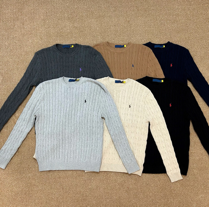 High Quality Pure Original Rl Laff Embroidered Pony Retro Cotton Twist Braided Men's Round Neck Knitwear