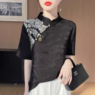 丝绸缎面2025夏季新款女装新中式立领国风上衣气质百搭短袖上衣