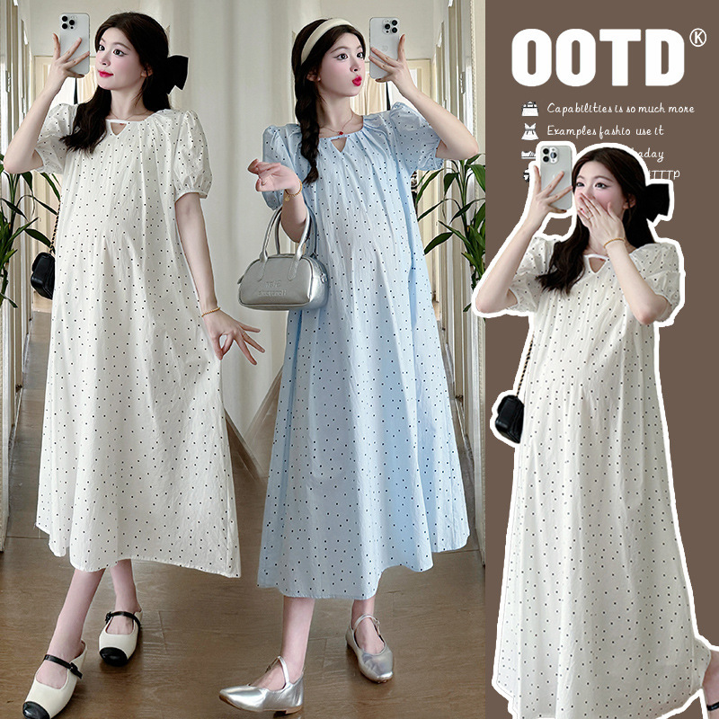 Maternity Dress Summer Thin Fashion Loose Belly-Covering Fresh Slimming Polka Dot Age-Reducing Dress Elegant Long Skirt