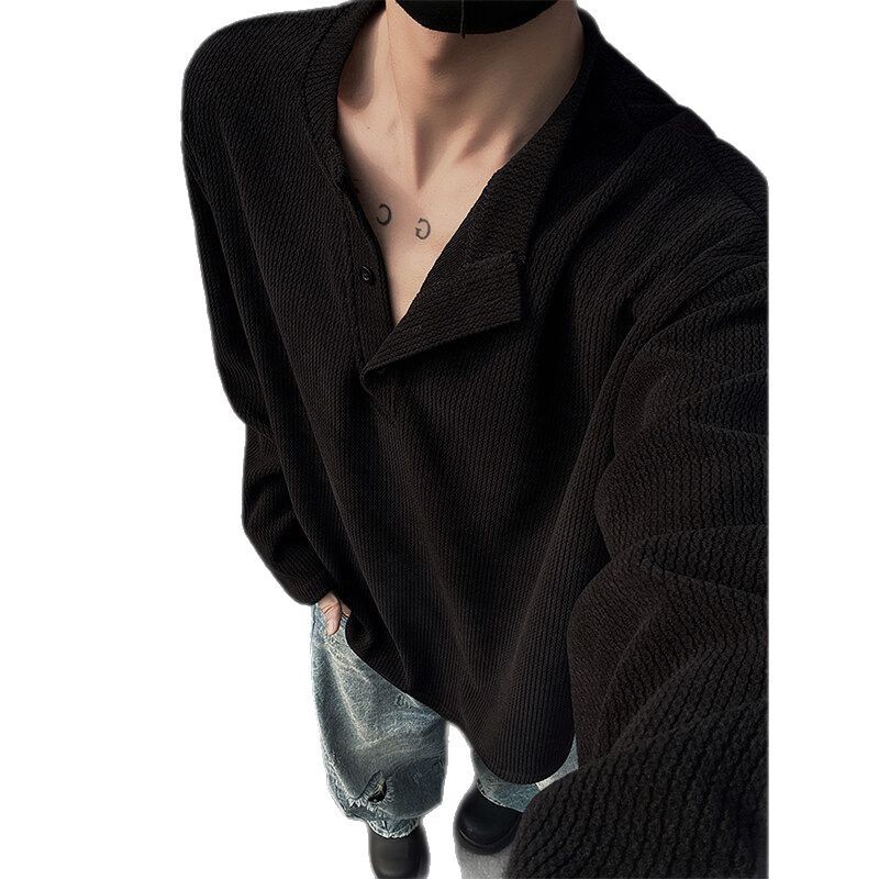 ヘンリー襟cleanfit筋理感長袖tシャツ男性モデル春秋高級感重ね着インナーシャツ