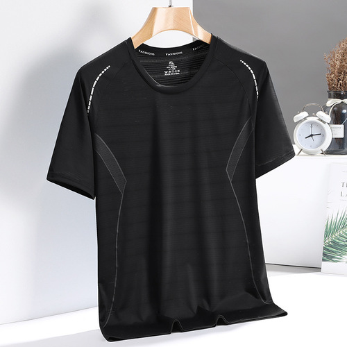 Thin ice silk short-sleeved t-shirt men's summer breathable sports fitness training quick-drying half-sleeves middle-aged father's summer dress