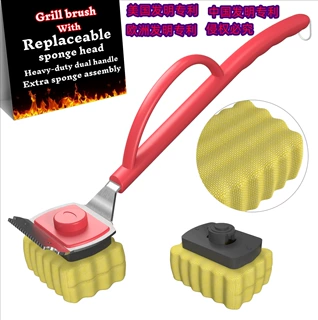 2025跨境新款双把手耐高温不锈钢防火海绵烧烤刷 BBQ grill steam