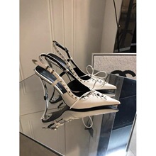 包头时尚尖头浅口系带蝴蝶结柳丁白色后空气质凉鞋金属细跟单鞋春