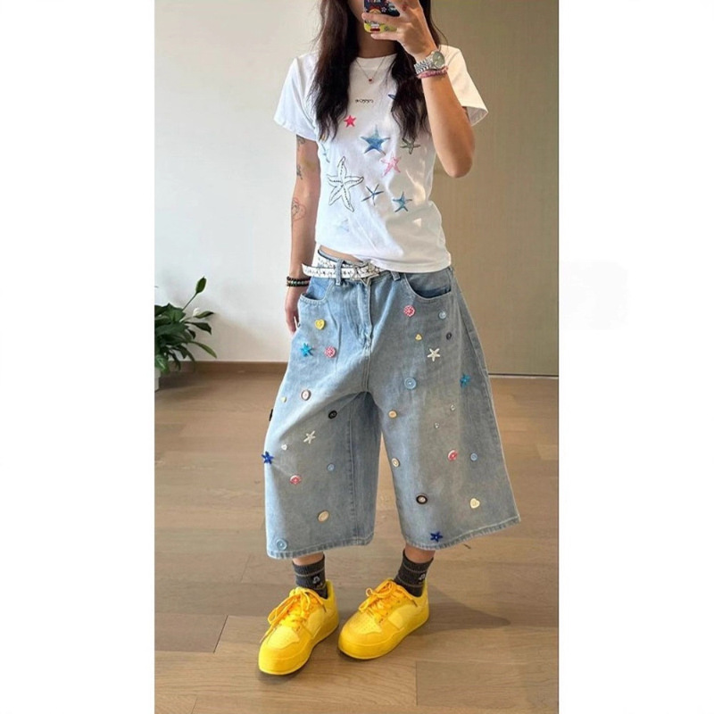 Plus Size American Style Colorful Button Design Cropped Denim Shorts for Women, New Summer Loose Slimming Wide-Leg Pants for Plus-Size Women