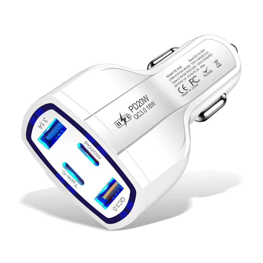 Автомобильное зарядное устройство 20W PD, 2USB+2PD, одновременная быстрая зарядка для четырёх устройств, прикуриватель в авто