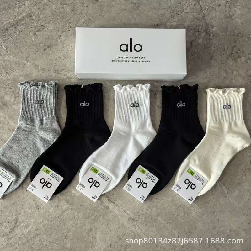 新品alo男女5双盒装运动短袜四季吸汗纯色网眼棉袜时尚男女情侣袜|undefined
