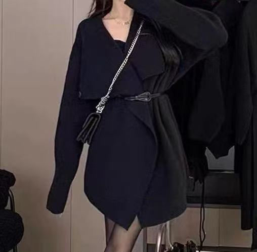 韩系氛围感翻领系带针织开衫女秋冬新款宽松慵懒加厚毛衣收腰外套|undefined