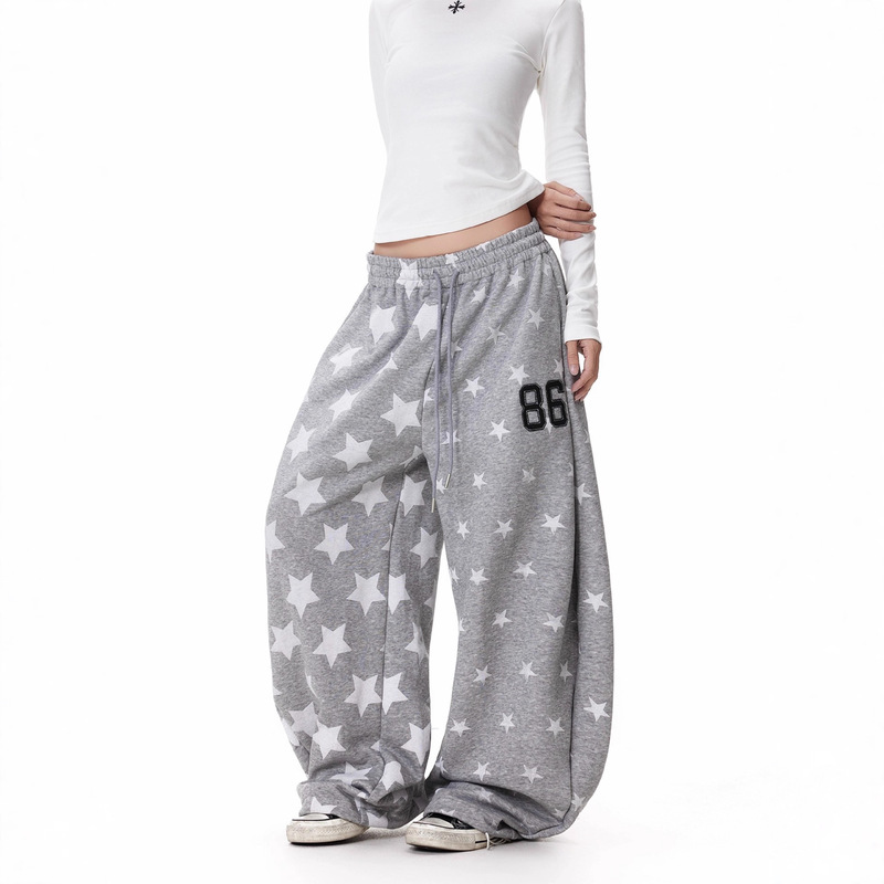 American Retro Star Print Elastic Waist Sweatpants Unisex Loose Casual Lazy Wide-Leg Versatile Drawstring Long Pants